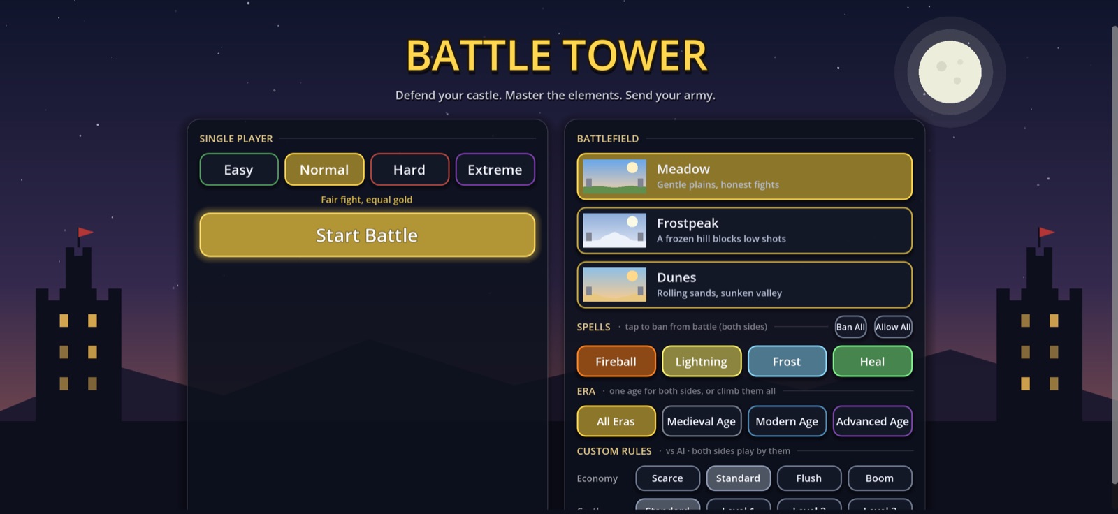 Battle Tower main menu with difficulty, map, spell-ban and era options