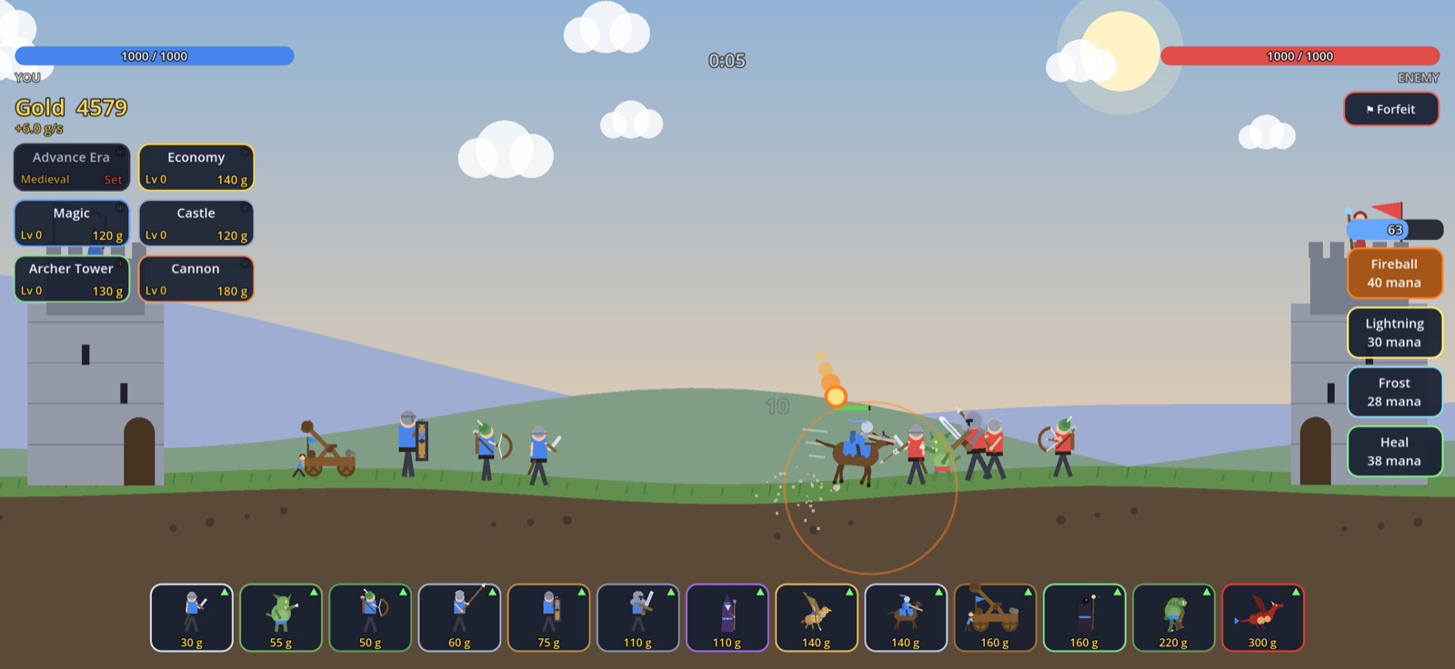 A Meadow battle: knights and archers clash while a fireball falls on the enemy line
