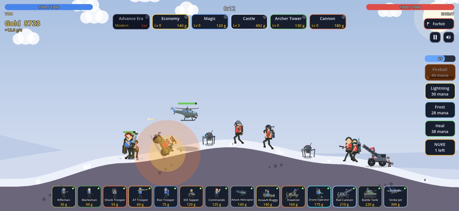 Modern-age battle on Frostpeak: helicopters and riflemen fight over the frozen hill as a fireball lands