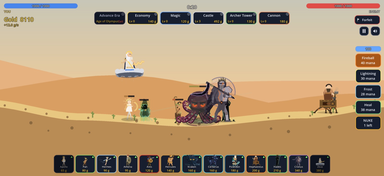 Age of Olympus battle on Dunes: the Kraken and Cronus advance while Apollo looses an arrow