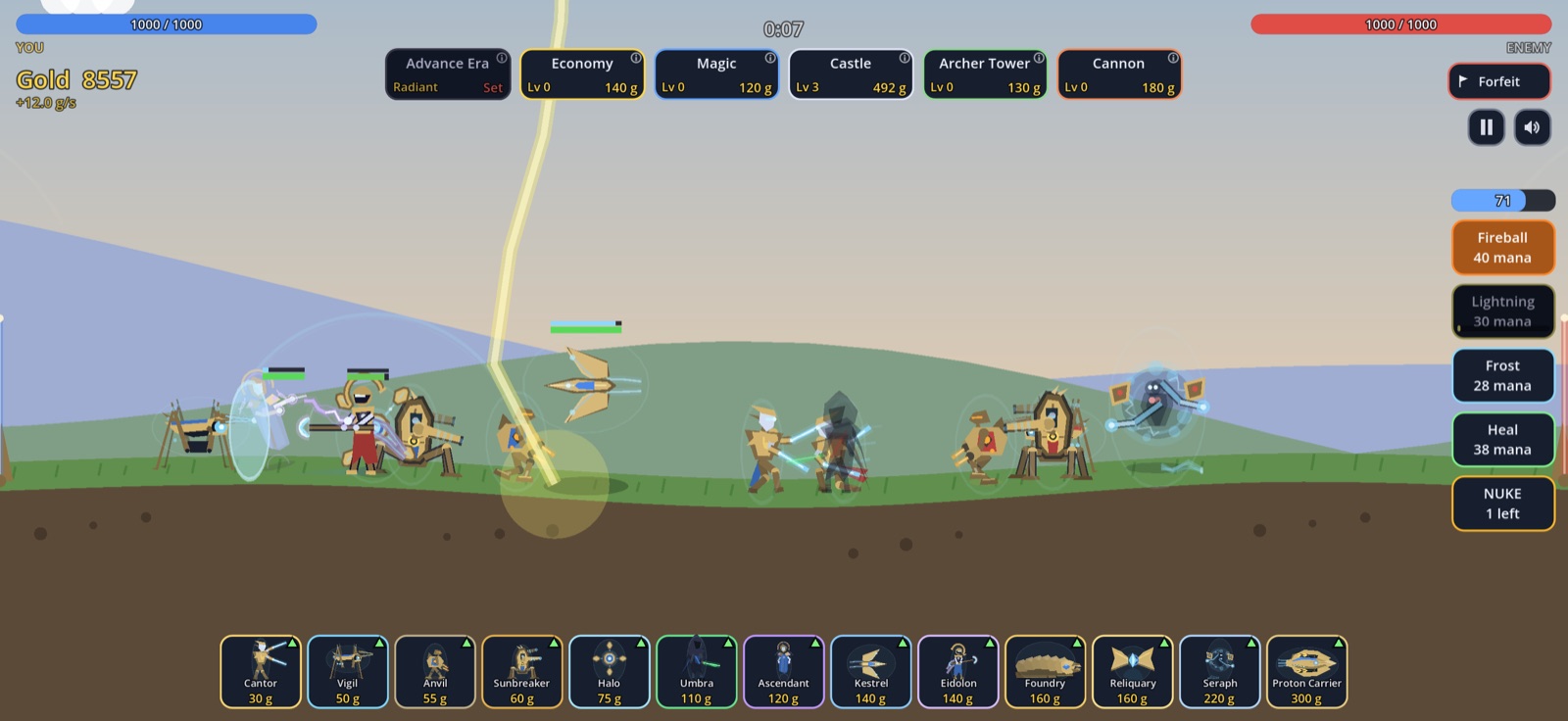 Radiant Age battle on Meadow: shielded Luminar troops trade fire as lightning strikes the line